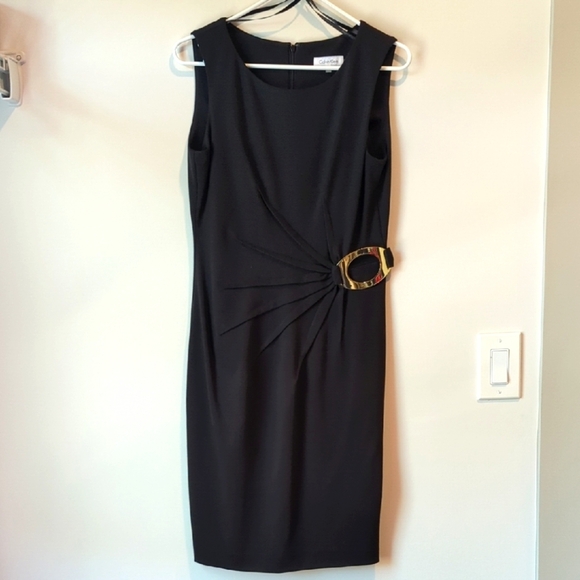 Calvin Klein Side-Ruched‎ Gold Accent Buckle Black Sheath Dress Size 8 - Picture 2 of 6